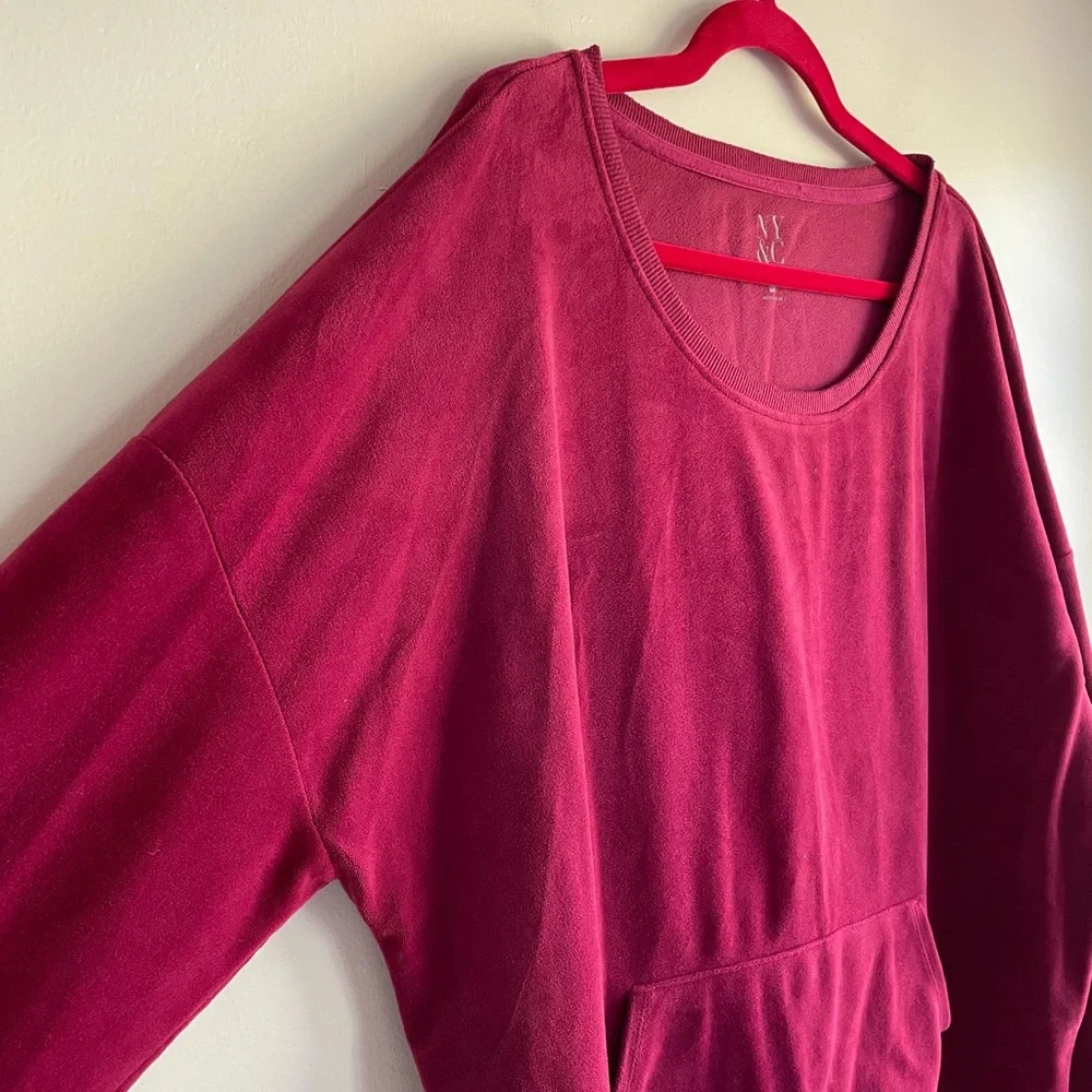 New York & Company Burgundy Scoop Neck Velour Pocket Sweatshirt Size XXL